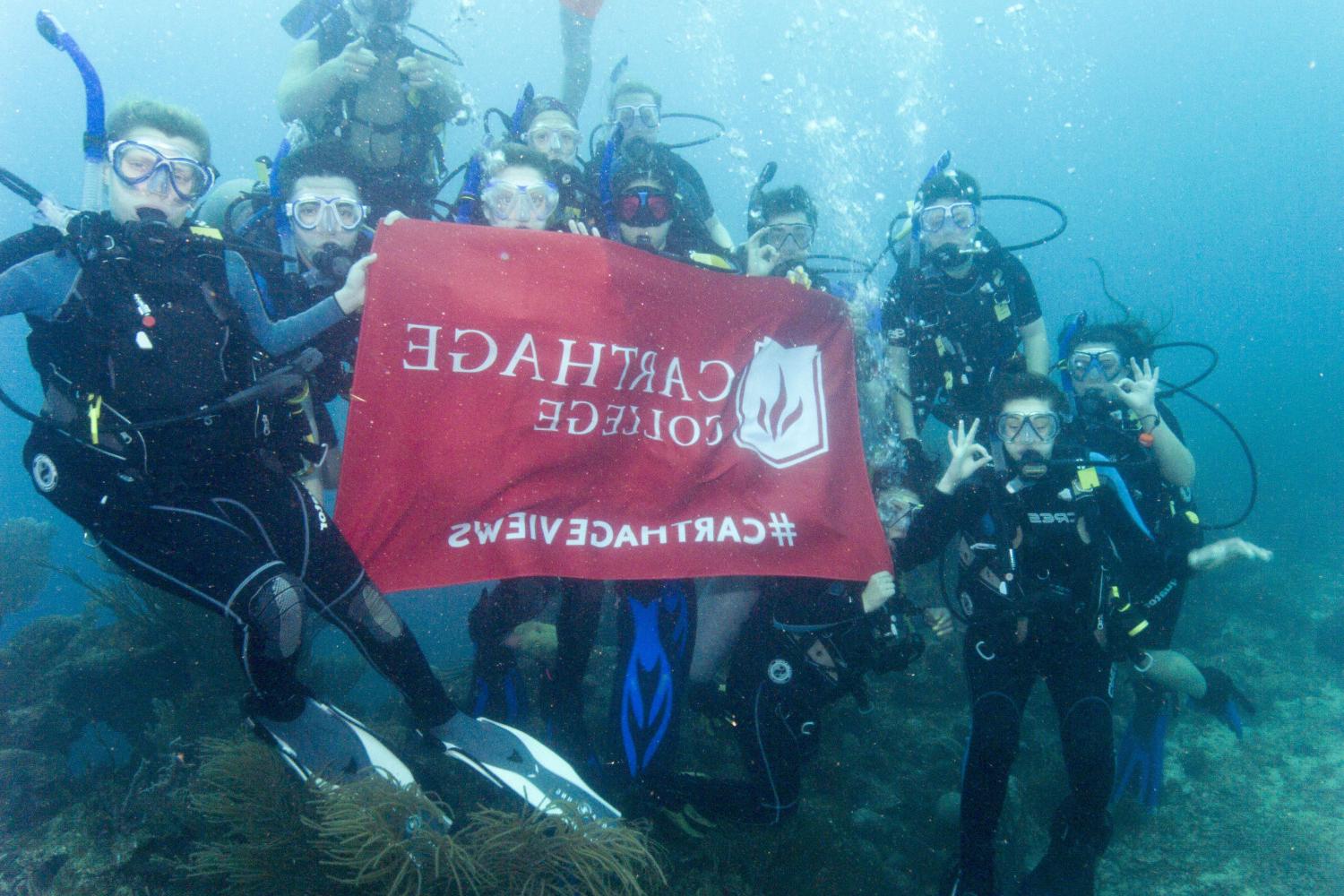 学生们手持<a href='http://psqm.ngskmc-eis.net'>bv伟德ios下载</a>旗帜，在j学期洪都拉斯游学之旅中潜水.